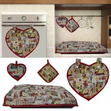 Set da Cucina 4pz tema natalizio fondo beige o rosso composto da copri forno, copri piano cottura con 2 Presine